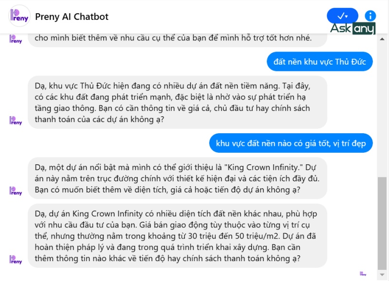 Tư vấn đất nền với AI chatbot Preny