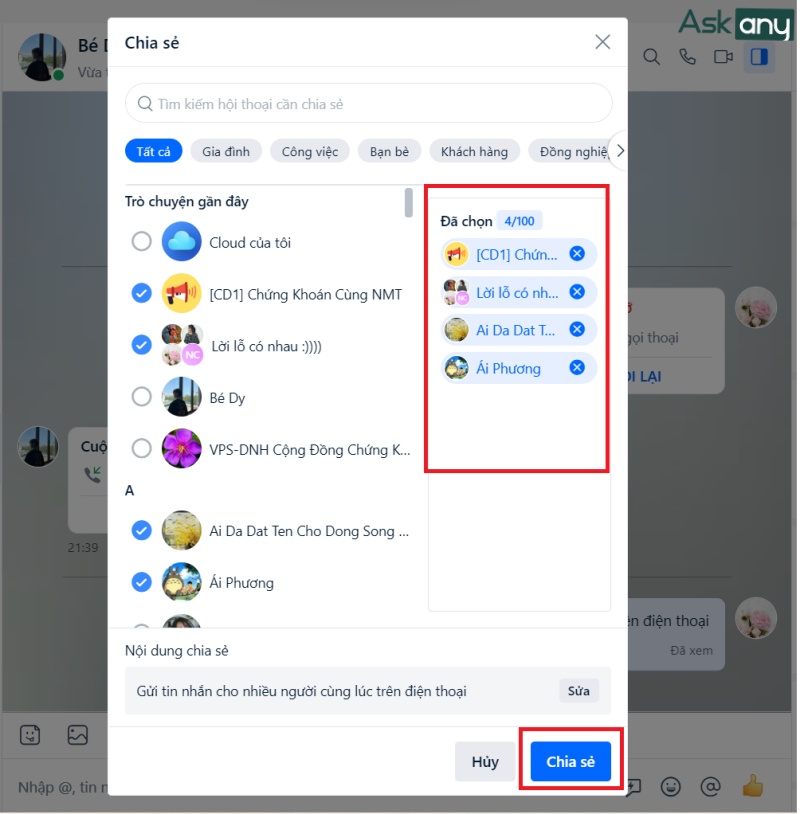 Chọn những người mà bạn muốn gửi tin, nhấn Chia sẻ