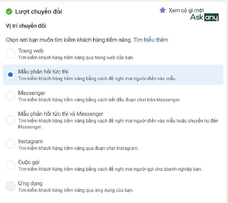 Thiết lập “Lượt chuyển đổi” dựa theo mục đích tạo quảng cáo