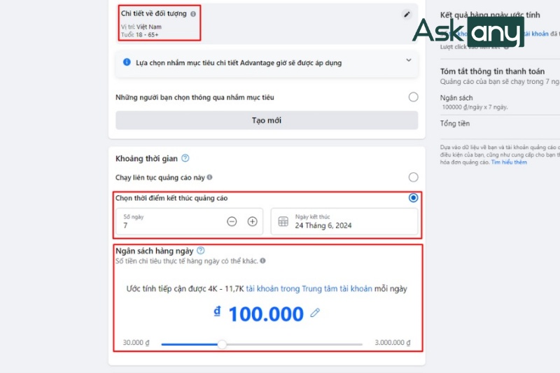 Chọn mục tiêu, ngân sách, thời gian chạy quảng cáo