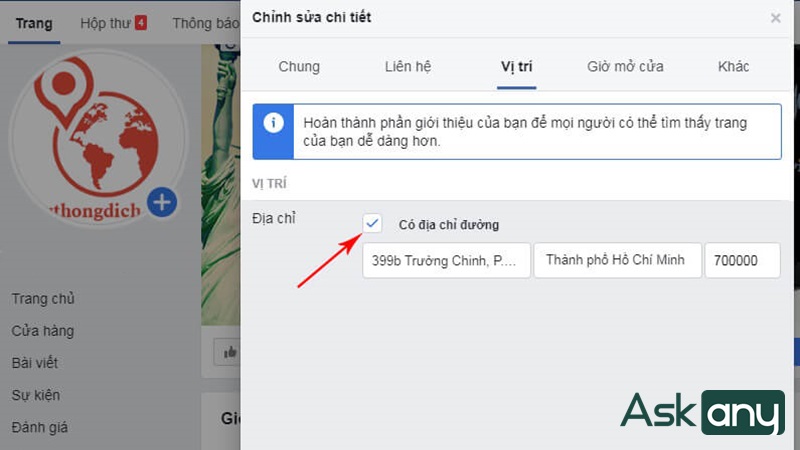 Cách thêm địa chỉ trên fanpage Facebook