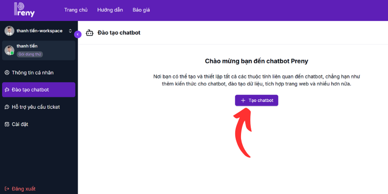 Chọn mục đào tạo chatbot và bấm vào nút tạo chatbot