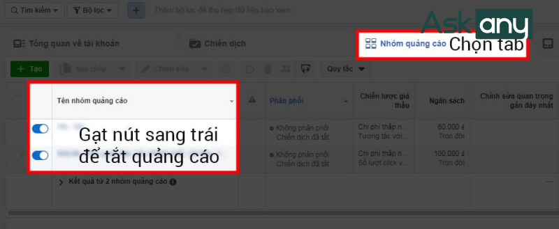 Cách dừng chạy quảng cáo trên Facebook ở cấp độ nhóm quảng cáo