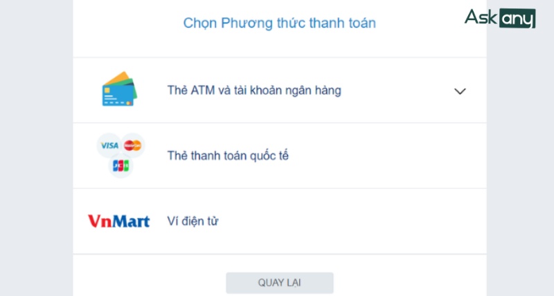 Chọn thanh toán bằng thẻ nội địa hoặc thẻ quốc tế