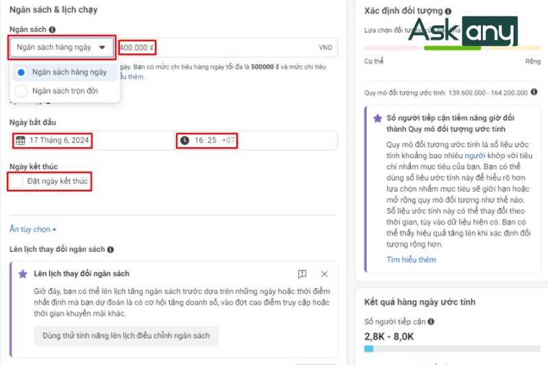 Cài đặt ngân sách và thời gian chạy quảng cáo