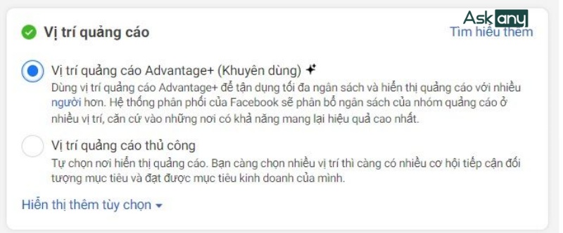 Thiết lập vị trí quảng cáo mặc định hoặc thủ công