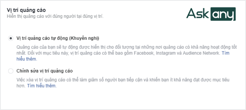 Chọn vị trí đặt quảng cáo mật ong trên Facebook