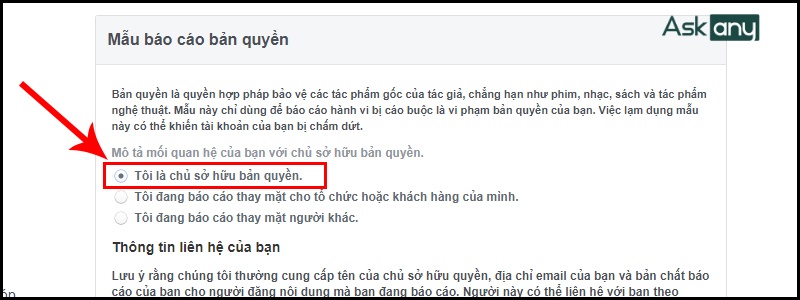 Chọn Tôi là chủ sở hữu bản quyền