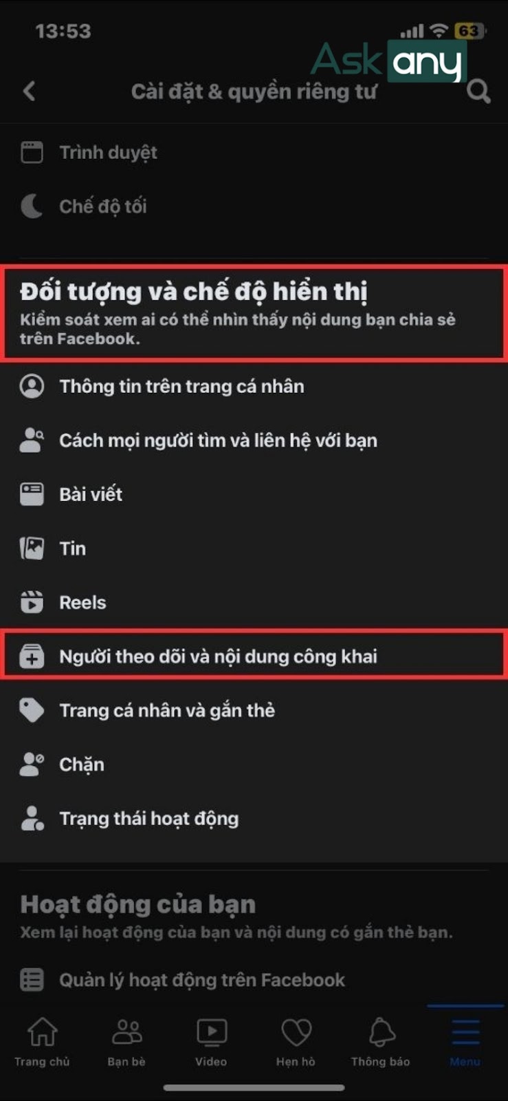 Nhấn vào Người theo dõi và nội dung công khai