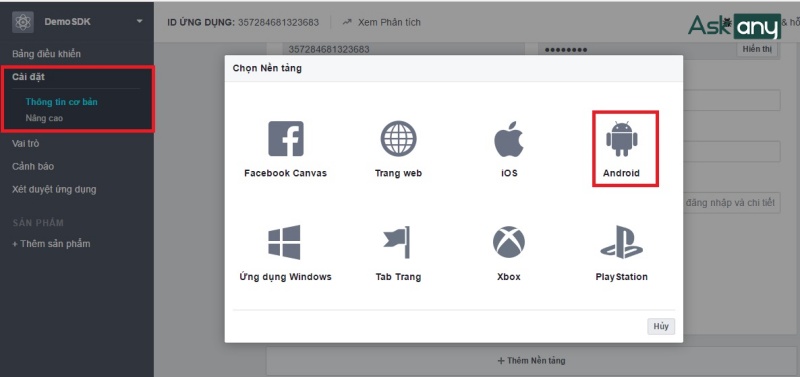 Cấu hình ứng dụng trên Facebook Developer