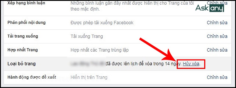 Chọn nút Hủy xóa để khôi phục fanpage