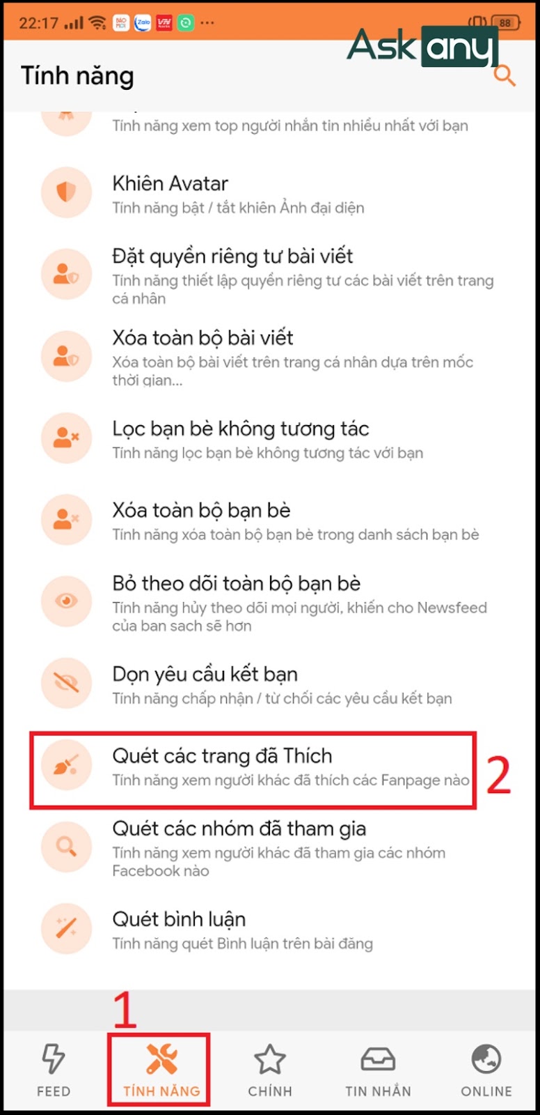 Chọn Quét các trang đã Thích