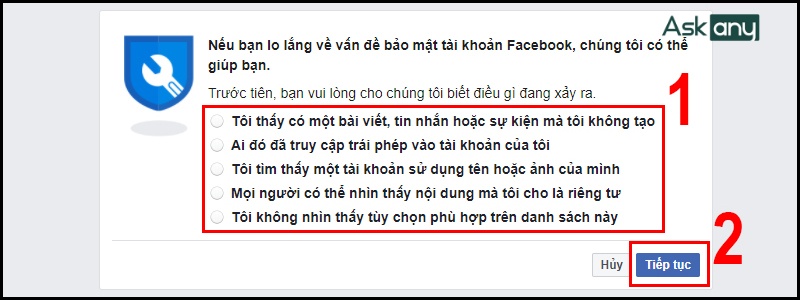 Chọn lý do phù hợp rồi nhấn Tiếp tục