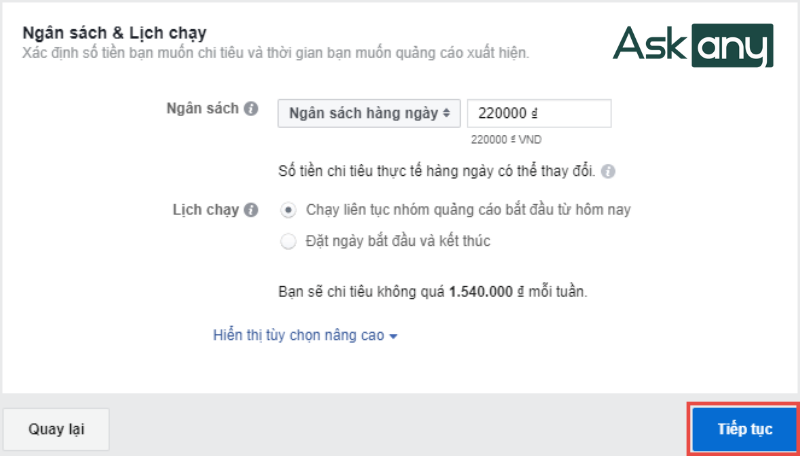 Chọn Ngân sách chạy quảng cáo mật ong trên Facebook