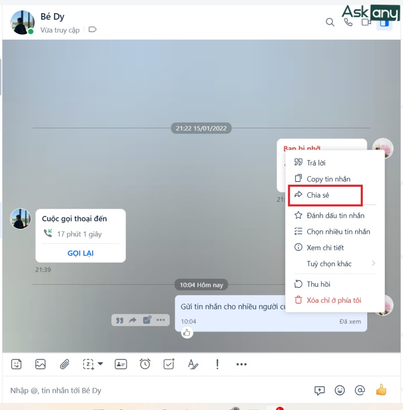 Nhấn chuột phải vào tin nhắn và chọn Chia sẻ