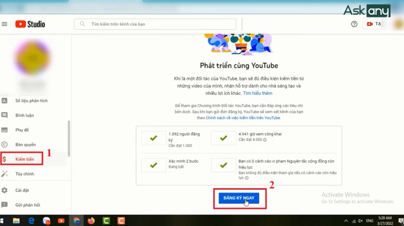 Cách bật kiếm tiền trên YouTube
