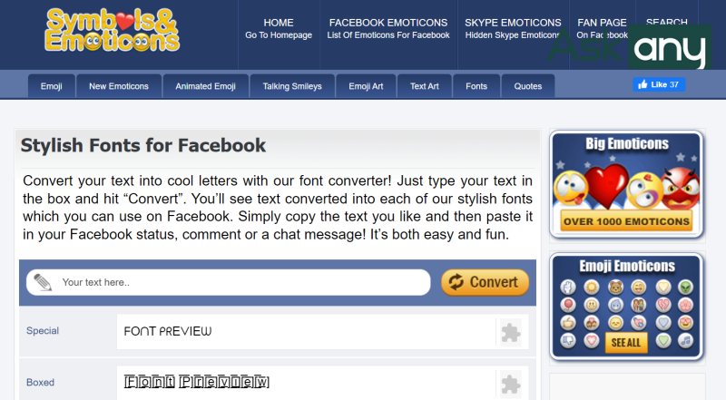Đổi font chữ Facebook bằng Symbols & Emoticons