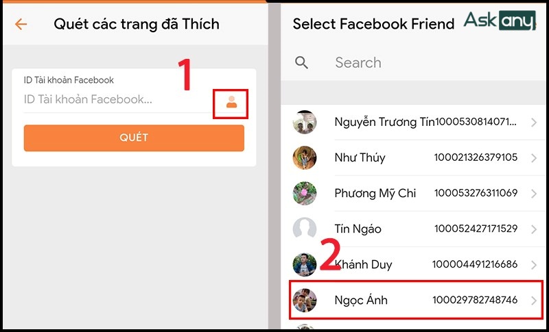 Chọn tài khoản Facebook để kiểm tra các trang mà họ đã thích