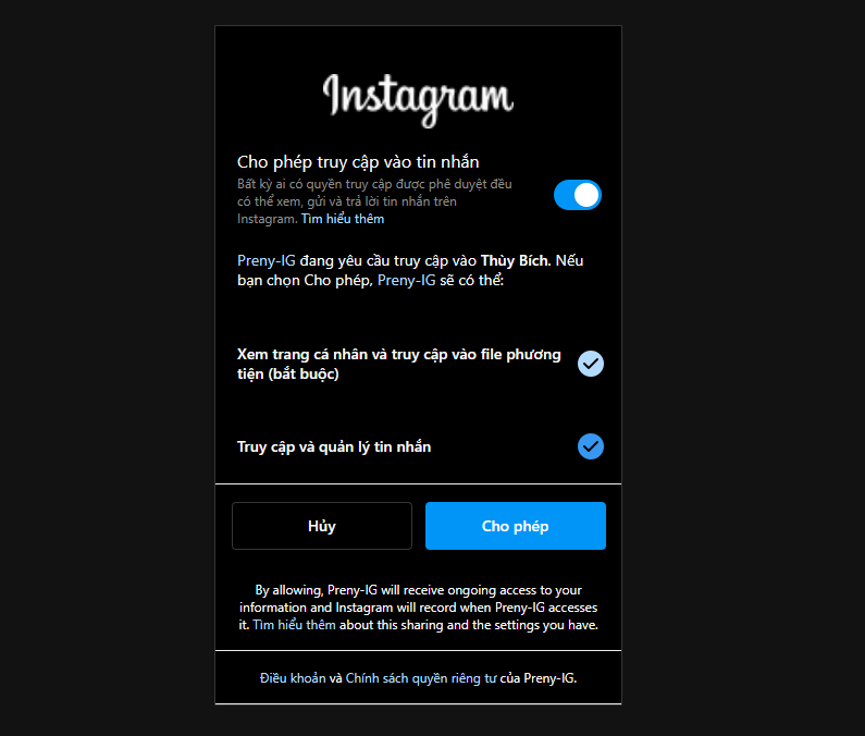 Cho phép Preny truy cập vào tin nhắn Instagram