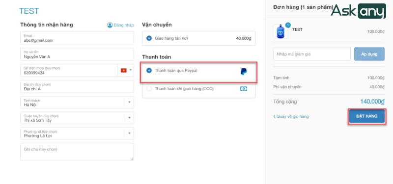 Đặt hàng & thanh toán qua PayPal