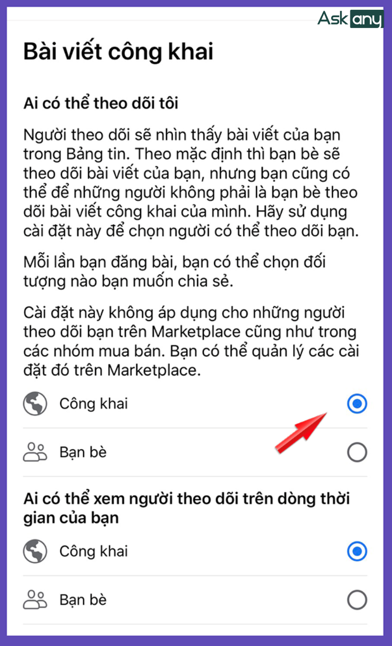 Tại mục Ai có thể theo dõi tôi, chọn Công khai 